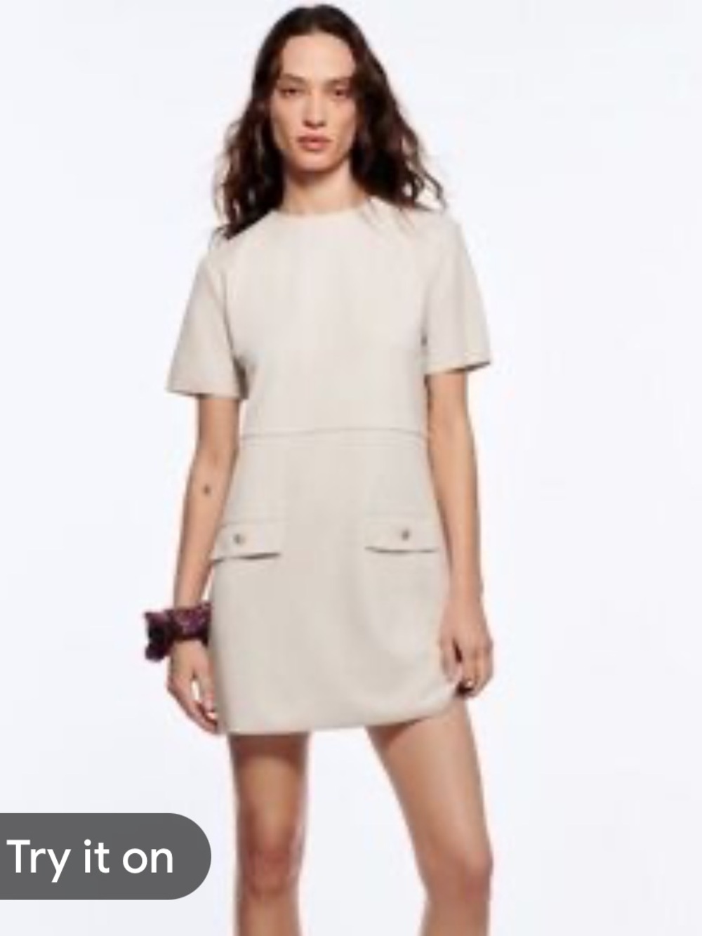 Zara Cream Short-Sleeve Shift Dress with Gold Buttons Size XS